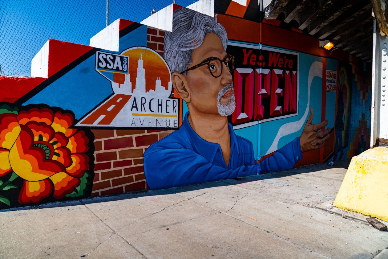 The large mural, with its four portraits, took about a month to design.